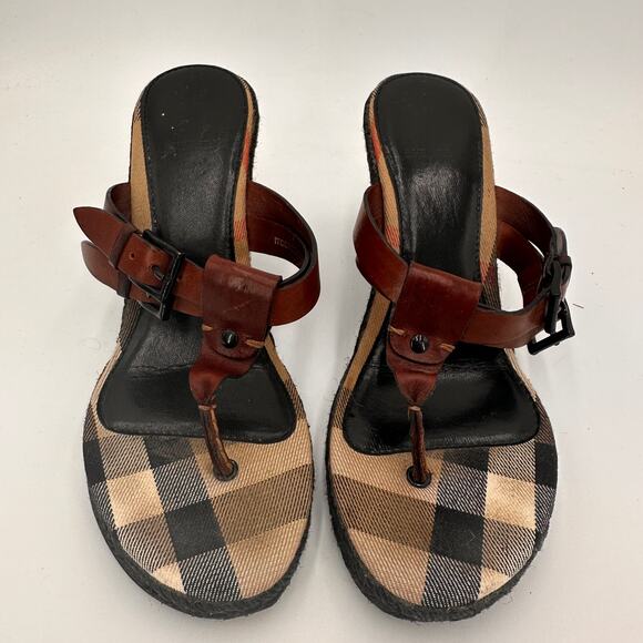 Burberry Leather Brown Wedge Espadrille Thong Heels Sandals Size 39 / 9 - Picture 2 of 10